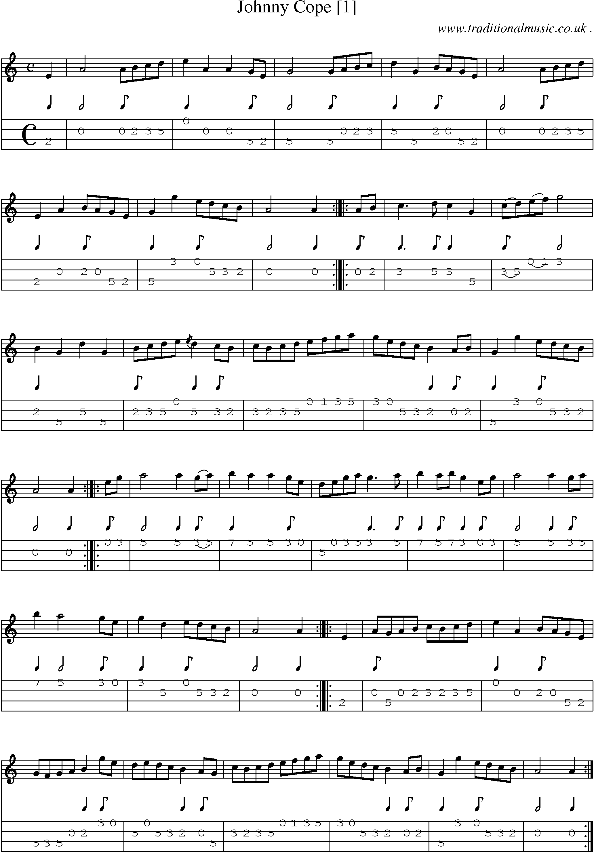 Sheet-music  score, Chords and Mandolin Tabs for Johnny Cope [1]